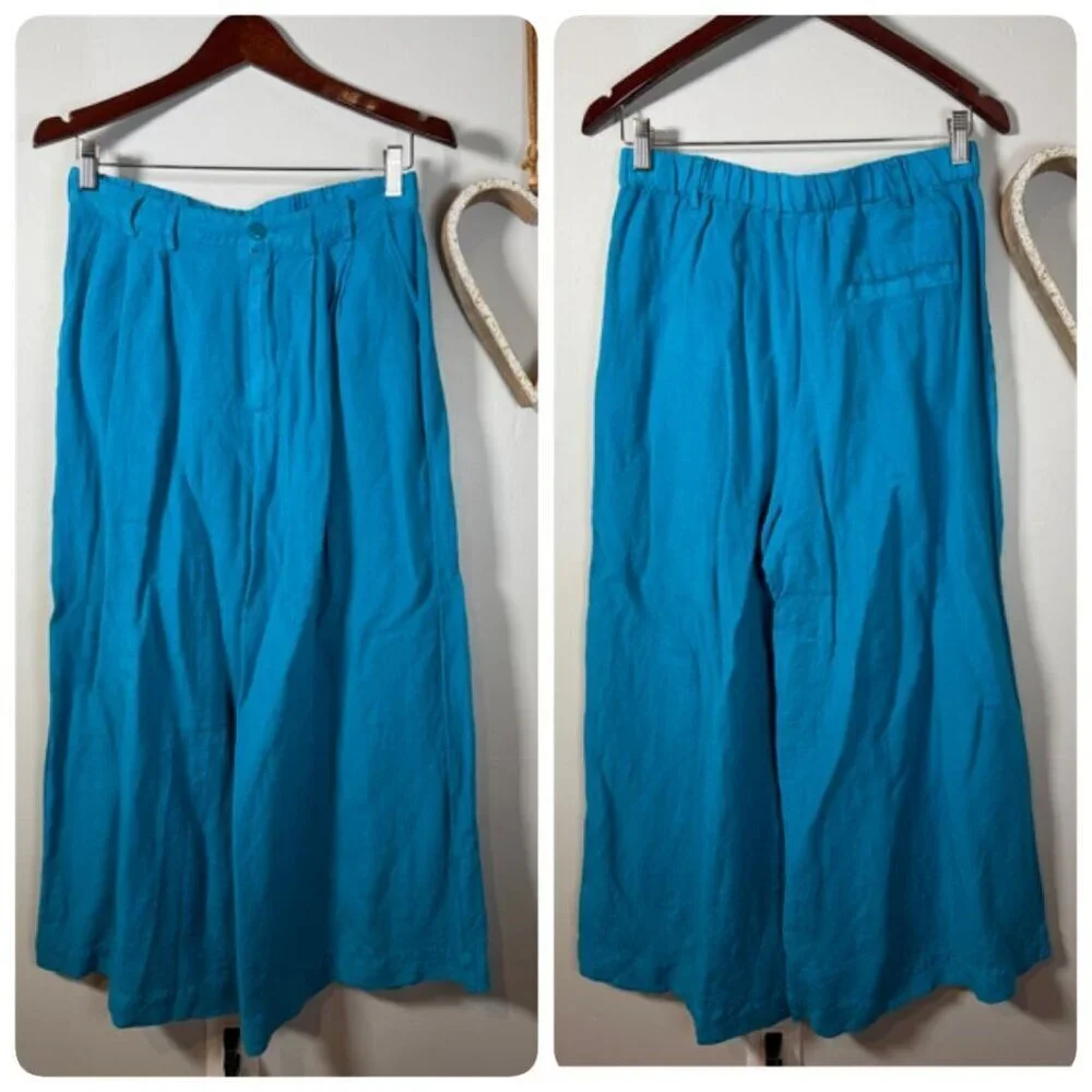 YFB High Waisted Wide Leg Culottes Coastal Grandmother Art Pants LARGE Cyan Blue